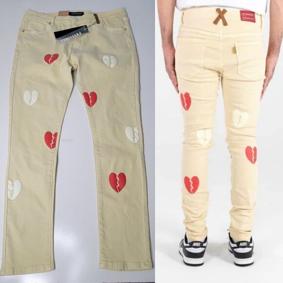 $140 NEW PHEELINGS Let It Go broken chrome red hearts CREAM OFF WHITE JEANS NWT - Picture 1 of 16